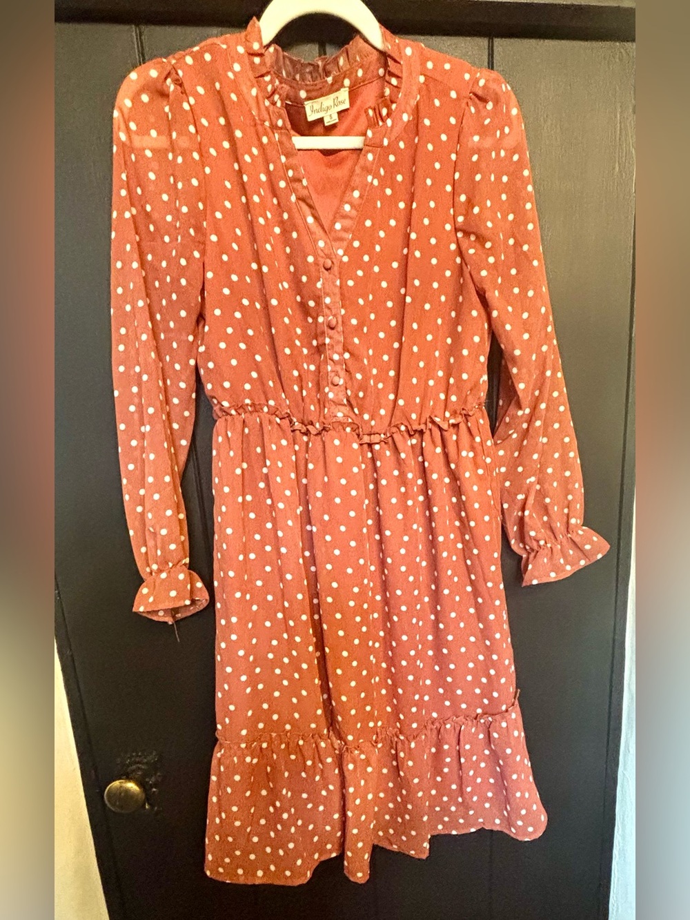 Women's Rust Polka Dot Long Sleeve Ruffle Dress by Indigo Rose